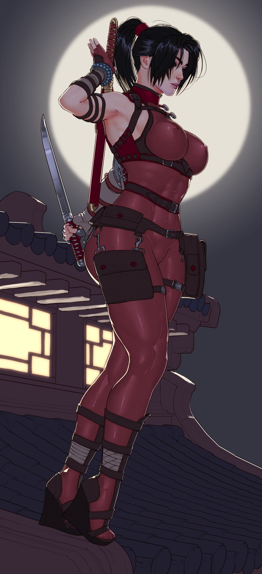 1girls 2023 abs black_hair bodysuit female female_only fully_clothed galaad1800 high_heels large_ass large_breasts light-skinned_female moon muscular_female nipple_bulge outdoors rooftop skin_tight solo solo_female soul_calibur sword taki thick_thighs tight_clothing very_high_heels weapon wedge_heels wide_hips