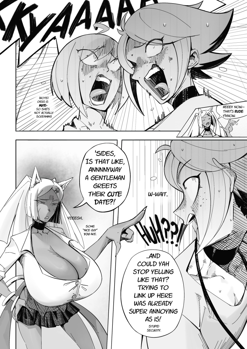 1boy 2girls big_breasts breasts breasts_bigger_than_head cat_ears cat_girl cat_tail catgirl choker comic dark-skinned_female dark_skin dialogue english english_text female_pred gyaru hand_on_hip huge_breasts large_breasts mean_pred monochrome original original_character original_characters page_3 rasha_(artist) school_uniform screaming tan_skin text text_bubble voluptuous voluptuous_female vore_comic