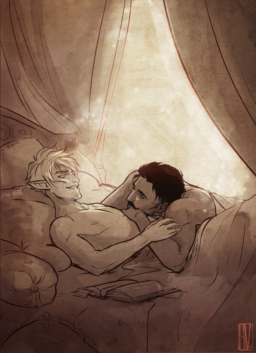 2boys bara bed black_and_white black_hair blanket book colorless cuddling dark_hair dorian_pavus dragon_age dragon_age_inquisition duo elf elf_ears elf_male face_tattoo facial_hair fael_lavellan gay gay_male human in_bed inquisitor_(dragon_age) kurogoesinthedas looking_at_another looking_at_partner mage male male/male male_only monochrome moustache nipples pointy_ears romantic romantic_ambiance tattoo tattoos video_games white_hair yaoi