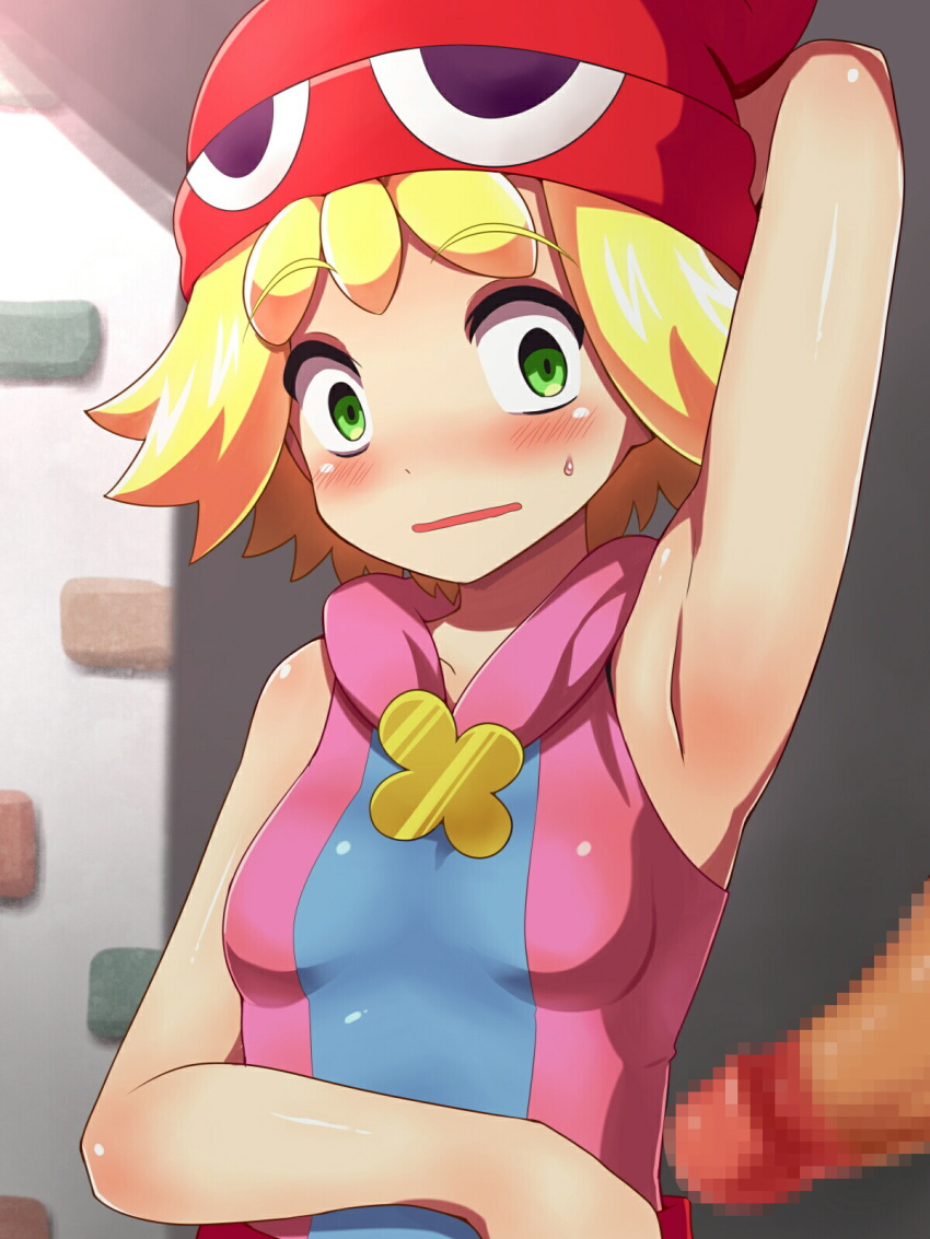 1girls amitie armpits blonde_hair brush censored cg erokosei green_eyes hat highres konpeto panic panicking penis puyo_puyo puyo_puyo_fever sega short_blonde_hair short_hair surprised wet