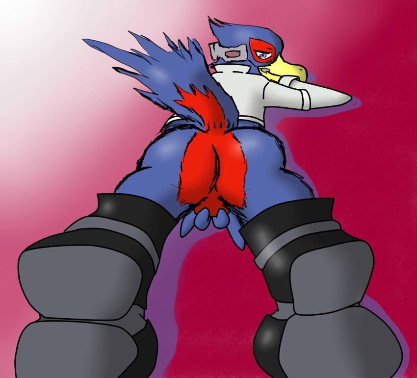 absurd_res anthro ass avian backsack ball_grab balls beak bird blue_body blue_feathers bottomless clothed clothing digital_media_(artwork) falco_lombardi falcon falconid feathers genitals hand_on_balls hi_res looking_at_viewer looking_back looking_back_at_viewer macro710 male nintendo presenting red_background simple_background smile solo star_fox