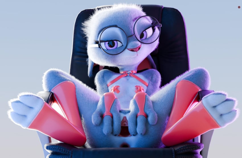 3_toes 3d_(artwork) 4_fingers anthro anus bedroom_eyes breasts chair circular_glasses clothing collar digital_media_(artwork) disney eyewear feet female fingers fur furniture genitals glasses grey_body grey_fur handwear hi_res humanoid judy_hopps lagomorph latex latex_clothing latex_collar latex_legwear latex_stockings legwear leporid looking_at_viewer mammal narrowed_eyes nipple_tape office_chair on_chair pasties pochemu presenting presenting_pussy purple_eyes pussy rabbit seductive simple_background sitting sitting_on_chair small_breasts solo spread_pussy spreading stockings tape toes urethra white_body white_fur zootopia