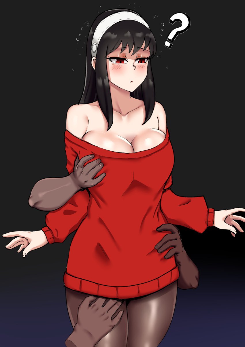 1girls banvart5 big_breasts black_background black_hair blush breast_grab breasts dark-skinned_male dark_skin drunk female fully_clothed groping imminent_rape interracial multiple_boys rape red_eyes spy_x_family standing thick_thighs thighs yor_briar