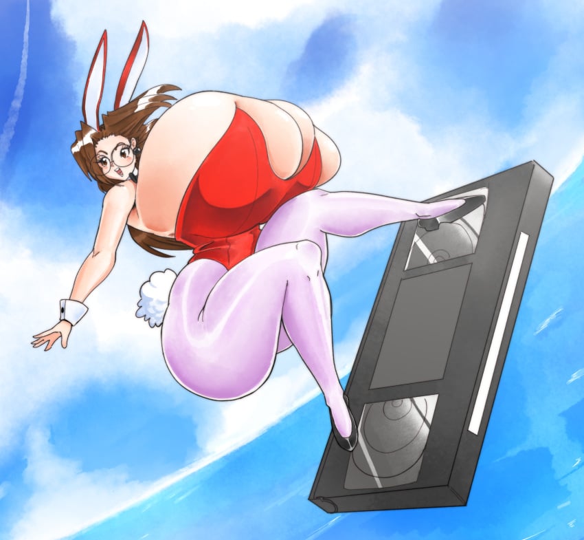 1girls breasts brown_hair bunny_ears bunny_tail bunnysuit cleavage cross-crescent erika_winthrop female female_focus female_only glasses high_heels hips hyper hyper_breasts large_breasts thick_thighs thighs vhs vhs_tape wide_hips