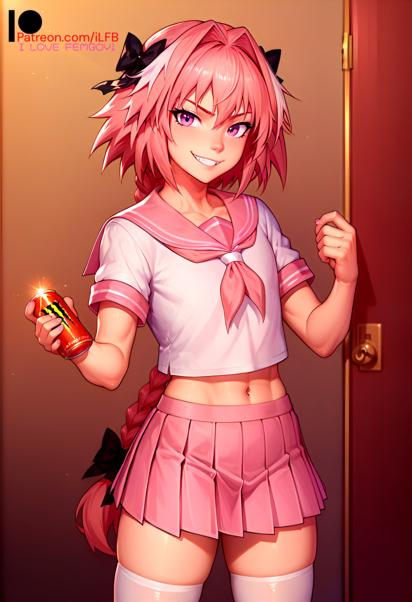 1boy 1femboy 1male 2024 2d ai_generated astolfo_(fate) evil_smile fate_(series) femboy femboy_focus flat_chest flat_chested ilfb long_hair looking_at_viewer looking_back_at_viewer male male_focus male_only monster pink_eyes pink_hair pink_skirt ponytail self_upload skirt smile smiley_face smiling smiling_at_viewer solo standing thighhighs trap uncensored