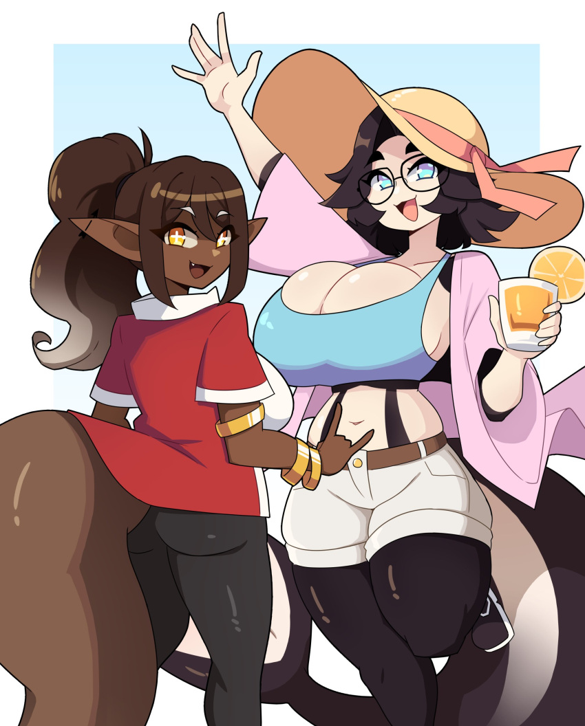 2girls amber_eyes big_breasts big_tail black_hair blue_eyes brown_hair cleavage commission dark-skinned_female dark_skin female female_only glasses hi_res j5daigada light-skinned_female light_skin long_hair looking_at_viewer pointy_ears ponytail shark_girl shark_tail smiling smiling_at_viewer symbol-shaped_pupils tail white_highlights