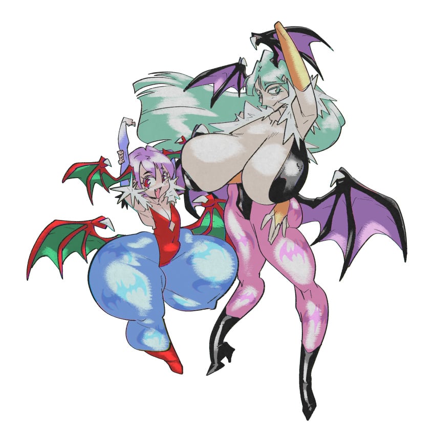 2girls ass bat_wings big_ass big_breasts big_thighs breasts darkstalkers dumptruck_ass female female_only green_eyes green_hair huge_ass huge_breasts large_ass large_breasts leotard lilith_aensland long_hair morrigan_aensland purple_hair red_eyes short_hair slb succubi succubus thick_thighs thunder_thighs wide_hips wings