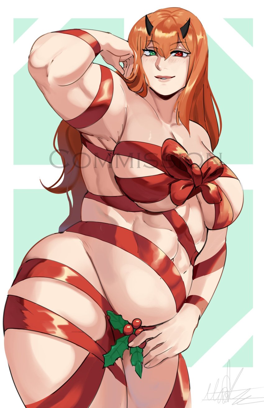 abs armpit artist_signature blush bow bow_ribbon christmas cleavage commission green_eyes heterochromia holidays holly_(plant) horns long_hair musclegut muscular muscular_female orange_hair original original_character puzzled_artist red_eye red_hair ribbon_only ribbons signature smile watermark