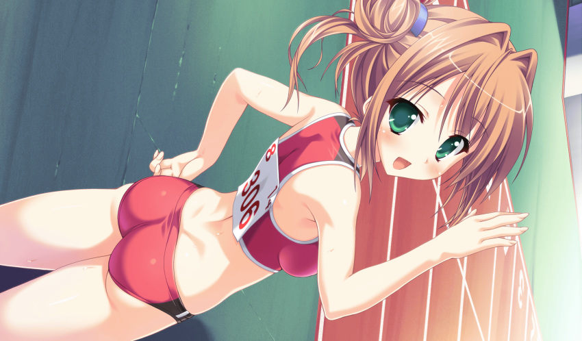 bloomers blush brown_hair buruma double_bun from_behind game_cg green_eyes hair_intakes highres looking_back midriff moonstone princess_evangile saeki_nao sagisawa_chiho short_hair sports_bikini sports_bra tied_hair twintails waving