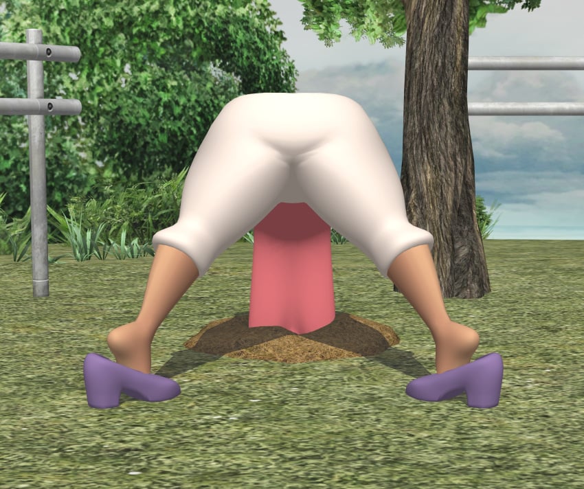 1female 1girls 3d ass ass_focus ass_up big_ass buried buried_headfirst embarrassing feet foot_fetish heels high_heels legs legs_apart legs_spread lower_body mlgdoe park peg_pete public pulling_out struggling_to_get_out stuck stuck_in_floor upper_body_stuck xnalara