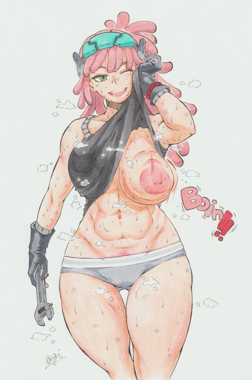 1girls abs areola boku_no_hero_academia breasts dirty dreadlocks female gloves hair_ornament huge_breasts light-skinned_female mei_hatsume muscular muscular_female musk_clouds nipple no_bra one_breast_out one_eye_closed panties pink_hair pubic_hair_peek shirt_lift shirt_lifted_by_self solo solo_female sweat sweating tired tomboy toned toned_female white_background wrench yellow_eyes