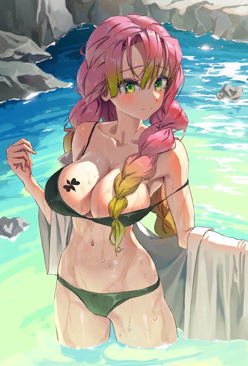 bare_arms bare_belly bare_legs bare_shoulders bare_thighs belly_button big_breasts bikini black_bikini blush body_blush breast_tattoo breasts cleavage closed_mouth collarbone demon_slayer green_eyes hair_censor jhigf kanroji_mitsuri kimetsu_no_yaiba long_hair multicolored_hair onsen outdoors partially_submerged smile strap_slip thighs twin_braids wet_body