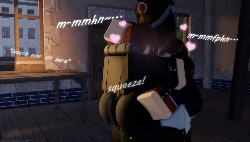 2girls ass ass_grab blood_and_iron bloxsknecht blush brown_hair building butt_grab caress caressing clothed clothing enemies_to_lovers female female/female female_only female_soldier french french_female fully_clothed german german_female groping groping_ass hand_on_ass hand_on_butt hat hearts_around_head hug kissing lesbian_couple lesbian_kiss love military military_hat military_uniform muffled muffled_moaning napoleonic_empire onomatopoeia roblox shako_cap tagme