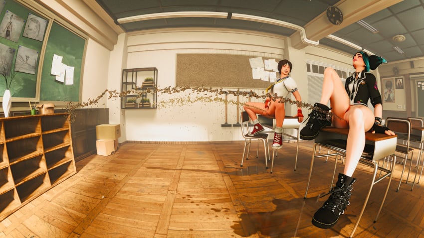 2girls 3d 3d_(artwork) boots bottomless classroom closed_eyes feet_on_chair feet_on_table juri_han laughing leg_on_table legs pee_puddle peeing peeing_inside pissing_contest power_pissing pussy sakura_kasugano school school_uniform smiling street_fighter touching_pussy