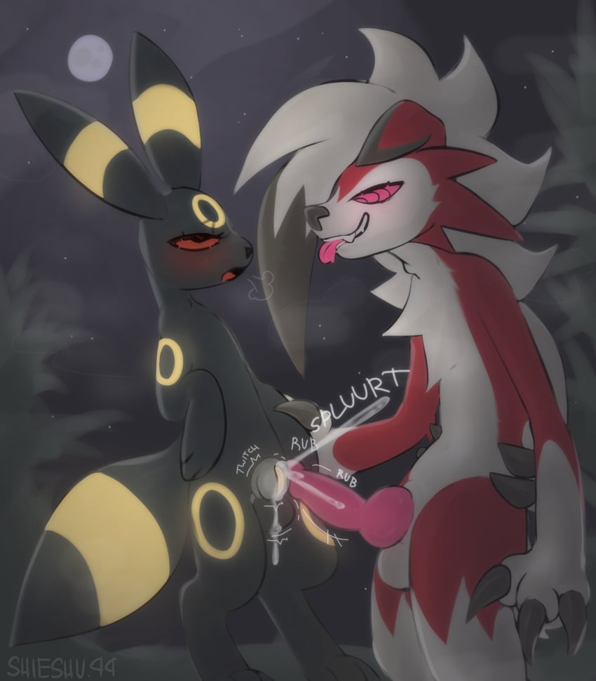 anthro anthro_on_feral black_body canid canine chastity_cage chastity_cage_only chastity_device chastity_device_only claws cum_on_chastity_cage duo eeveelution ejaculation eye_roll felid feline feral frottage fur generation_2_pokemon generation_7_pokemon genitals glowing glowing_markings hi_res knot looking_at_another lycanroc male male/male mammal markings multicolored_body night nintendo nude penile penis pink_knot pokemon pokemon_(species) red_body red_fur rubbing rubbing_penis sex shieshuqqq splurt throbbing throbbing_penis umbreon yellow_penis zoophilia