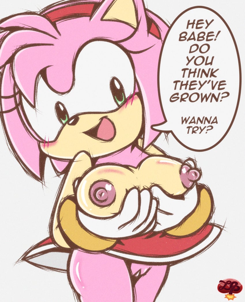 1girls amy_rose big_breasts breasts dialogue female flashing flashing_breasts furry ladybomber pussy sega sonic_(series)