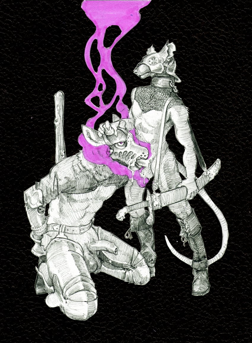 2024 anthro antlers arm_armor armor balls bodily_fluids bondage bondage boots bound chainmail clothed clothing collar cum cum_drip cum_in_mouth cum_inside de-racked deer dripping duo footwear foreskin genital_fluids genitals headgear helmet hi_res holding_head horn humanoid_genitalia humanoid_penis hypnosis kneeling leg_armor looking_up male male/male mammal melee_weapon mind_control momamo murid murine partially_clothed penis pheromones rat rodent shoes simple_background standing sword tail traditional_media_(artwork) weapon