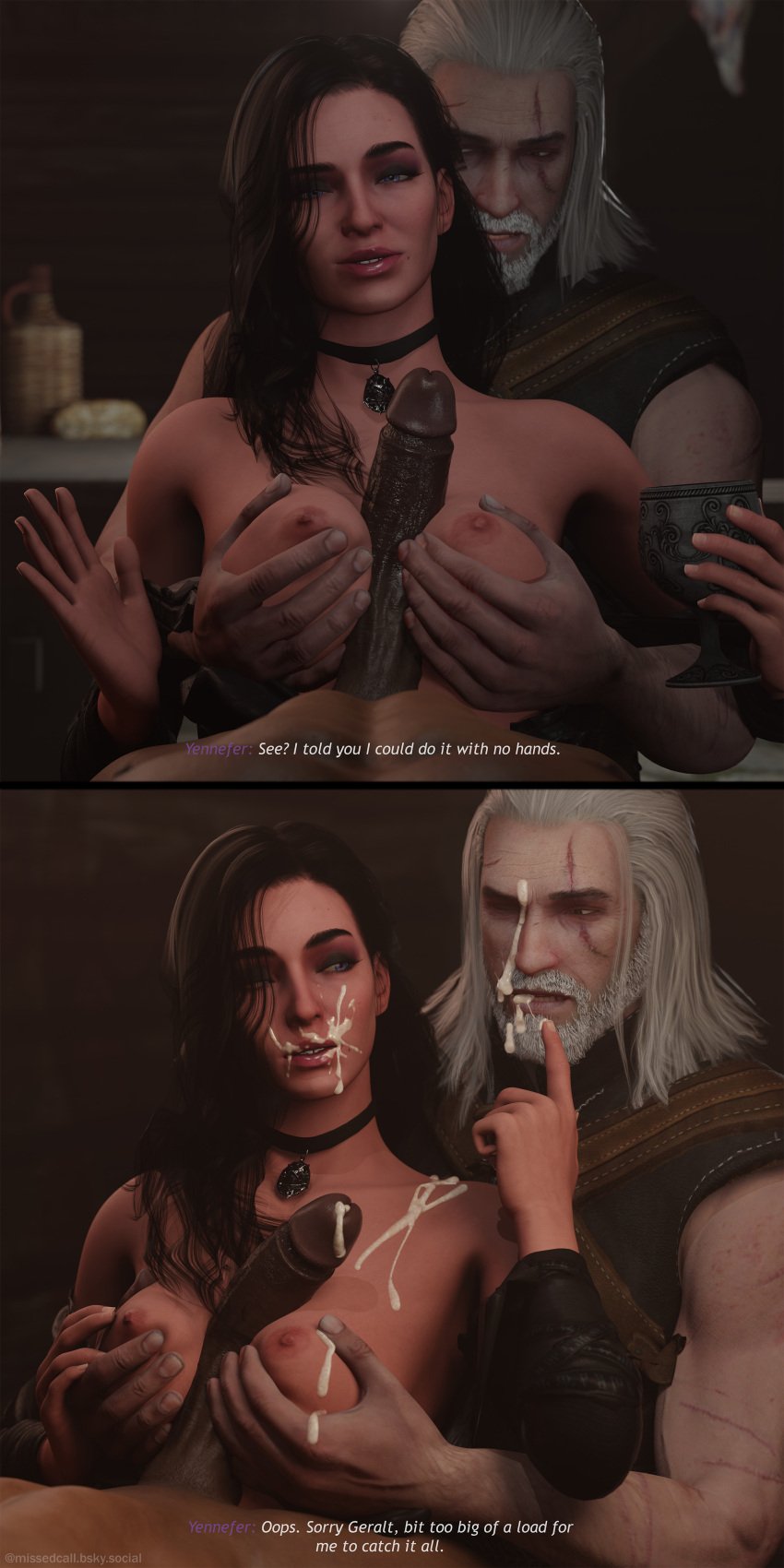 1girls 2boys 3d assisted_paizuri blender_(software) breasts_out cd_projekt_red choker cuckold cum cum_in_mouth cum_on_breasts cum_on_face dark-skinned_male geralt_of_rivia huge_cock humiliation missed_call paizuri pov pov_eye_contact smile text the_witcher_(series) the_witcher_3:_wild_hunt threesome yennefer