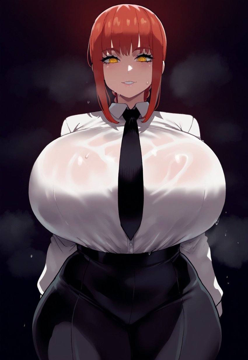 ai_generated chainsaw_man cuffyai fully_clothed hands_behind_back huge_breasts looking_at_viewer makima_(chainsaw_man) red_hair sweat sweatdrop tagme wide_hips