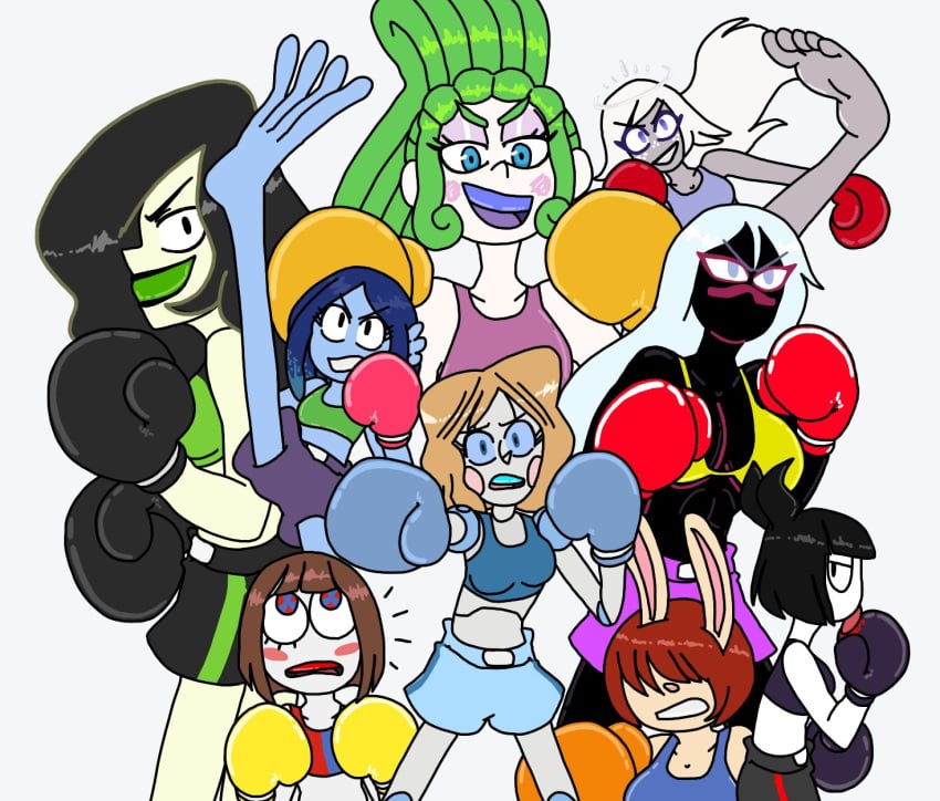 6+girls 9girls abs arthur_(series) auburn_hair bikini_top black_boxing_gloves black_gloves black_hair blue_eyes blue_hair boxing boxing_attire boxing_gloves boxing_shorts brown_hair creepy_susie crossover dreamworks duck_dodgers emily_(hazbin_hotel) emmy_the_nandroid emmy_the_robot glitch_productions gloves green_eyes hazbin_hotel indigo_boxing_gloves indigo_gloves kim_possible light_brown_hair long_hair looney_tunes martian martian_(duck_dodgers) molly_macdonald mouthguard orange_boxing_gloves orange_gloves pink_boxing_gloves pink_gloves pomni pomni_(tadc) pomni_(the_amazing_digital_circus) queen_tyr'ahnee red_boxing_gloves red_gloves ruby_gillman ruby_gillman,_teenage_kraken shego sports_bra syn2nite syndication the_amazing_digital_circus the_oblongs trolls_(film) trolls_band_together universal_studios velvet_(trolls) vivienne_medrano warner_bros warner_brothers white_background white_hair yellow_boxing_gloves yellow_gloves