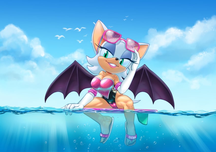 1girl 1girls big_breasts cameltoe elbow_gloves feet female female_focus female_only furry large_breasts nixtnya ocean one-piece_swimsuit rouge_the_bat sandals sonic_(series) sonic_the_hedgehog_(series) sunglasses surfboard swimsuit