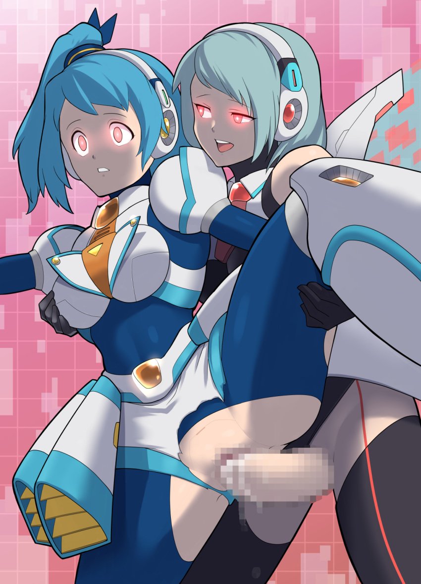 2girls blue_hair blush bodysuit censored commentary_request cum cum_in_pussy futa_with_female futanari glowing glowing_eyes highres holding_another's_leg hypericum_(mppv1862) ico_(mega_man) long_hair mega_man_(series) mega_man_x_(series) mega_man_x_dive mosaic_censoring multiple_girls no_testicles open_mouth red_background red_eyes rico_(mega_man) robot_girl sex short_hair side_ponytail spread_legs standing standing_on_one_leg torn_bodysuit torn_clothes vaginal_penetration