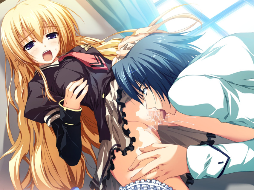 1boy 1girls akatsuki_no_goei asagiri_kaito blonde_hair blue_eyes blush breasts censored cunnilingus female game_cg highres kurayashiki_tae long_hair male no_panties open_mouth pussy pussy_juice school_uniform skirt_lift straight tomose_shunsaku very_long_hair