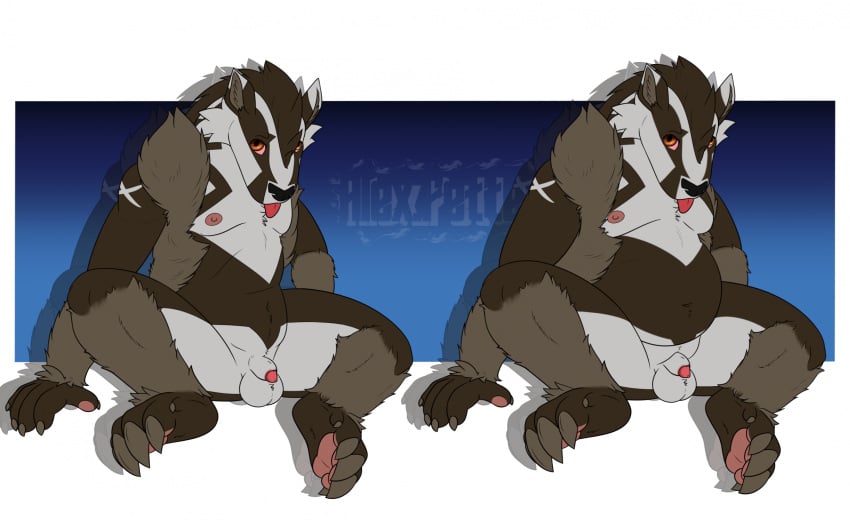 alex.fetter animal_genitalia anthro balls belly bent_legs blep claws generation_8_pokemon genitals hi_res looking_at_viewer male nintendo obstagoon pawpads penis penis_tip pokemon pokemon_(species) sheath sitting solo spread_legs spreading tongue tongue_out