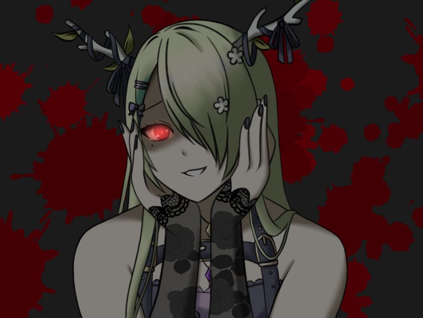 blood ceres_fauna female female_only flower_in_hair green_hair hair_over_one_eye hands_on_face hololive hololive_english hololive_english_-council- hololive_english_-promise- king_d looking_at_viewer red_eye shoulders virtual_youtuber yandere yandere_trance