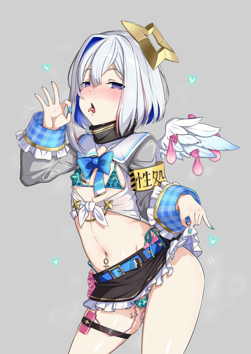 absurdres amane_kanata amane_kanata_(1st_costume) angel_wings black_skirt blue_hair blue_nails blue_panties blush body_writing bow cameltoe clothes_lift condom condom_packet_strip condom_wrapper covered_nipples fellatio_gesture female flat_chest front-tie_top gozaru highleg highleg_panties highres hololive inviting_to_fuck long_sleeves looking_at_viewer multicolored_hair panties presenting pussy_juice revealing_clothes sex_toy short_hair side-tie_panties skirt skirt_lift solo standing thigh_strap thong tongue tongue_out two-tone_hair underwear used_condom vibrator vibrator_in_thigh_strap vibrator_under_clothes vibrator_under_panties white_hair wings