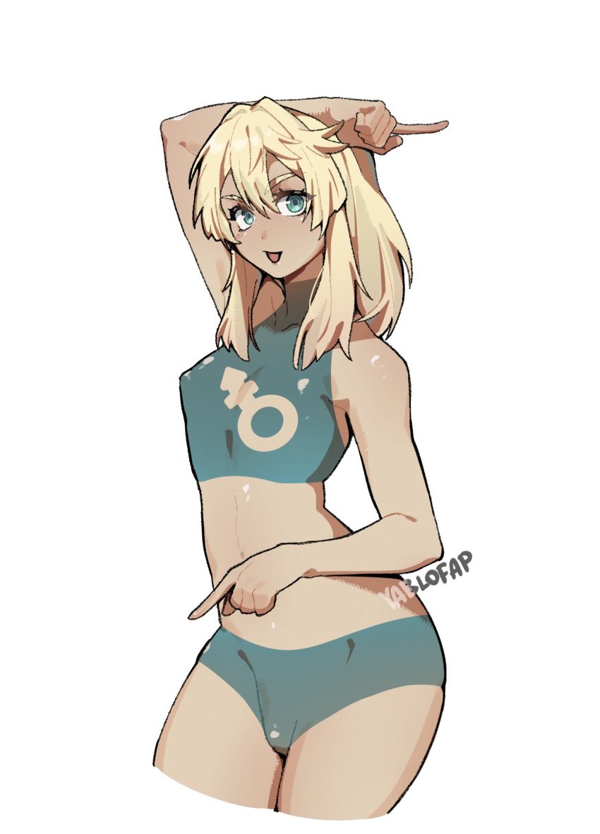 1boy androgyne_symbol androgynous arc_system_works artist_logo artist_name blonde_hair blue_eyes bridget bulge crop_top femboy feminine_male guilty_gear guilty_gear_strive long_hair looking_at_viewer male_focus male_only otoko_no_ko penis pointing short_shorts shorts smile smiling smiling_at_viewer solo thick_thighs thighs thighs_bigger_than_head thighs_together twitter twitter_link visible_penis yablofap