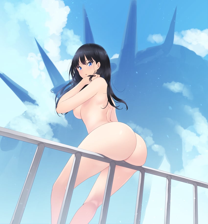 ass black_hair blue_eyes breasts cait cait_aron completely_naked completely_nude curvy dat_ass female huge_ass looking_at_viewer looking_down medium_breasts naked nude nude_female outdoors short_hair sideboob sitting ssss.gridman takarada_rikka thick_thighs