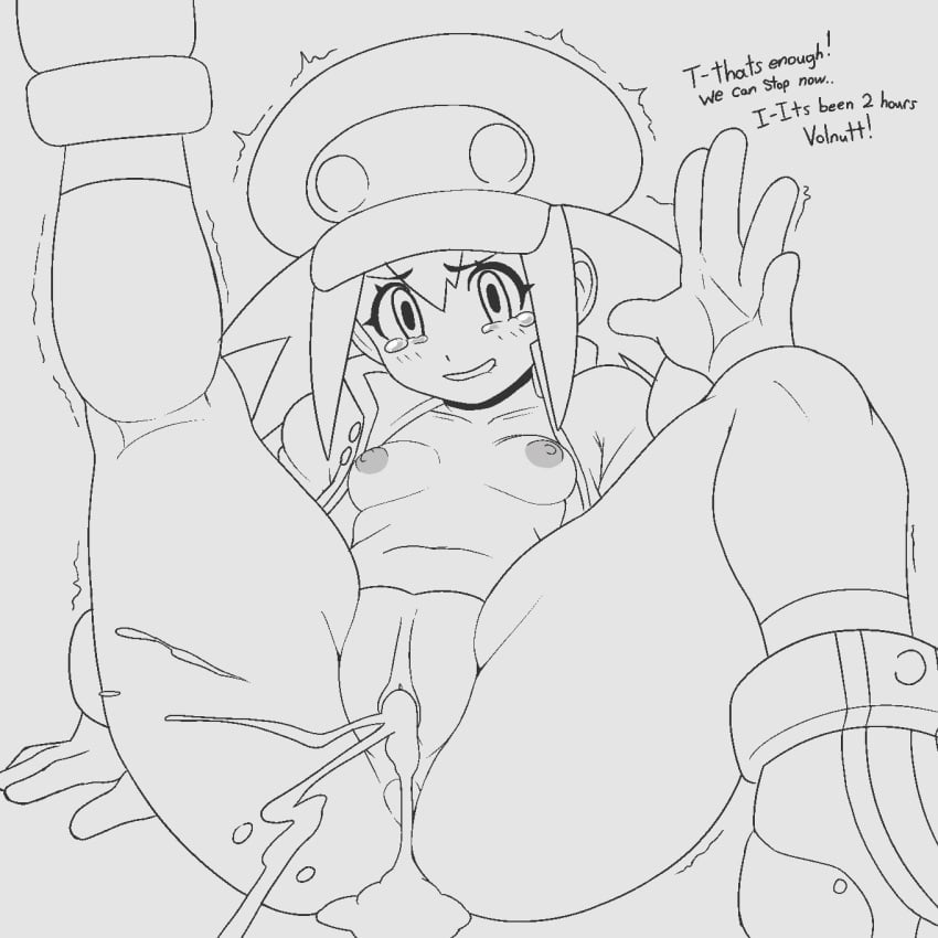 after_sex biting_lip blush breasts capcom cum_from_pussy cum_in_pussy leg_up mega_man mega_man_legends nipples roll_caskett shaking tearing_up text