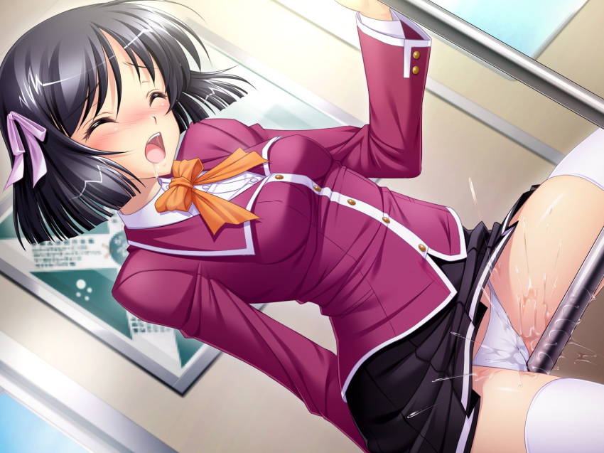 black_hair blush chikan climax female female_ejaculation game_cg grinding hair_ribbon inraku_chikan_densha lingerie masturbation orgasm panties purple_eyes pussy_juice railing ribbon rubbing school_uniform scream screaming short_hair shouting squirting thighhighs train train_interior underwear white_legwear