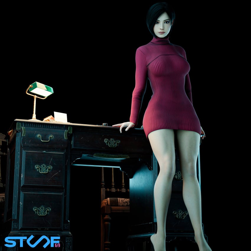 3d ada_wong clothing female human leaning_back leaning_on_object legs low_angle no_pants pale_skin partially_clothed partially_clothed_female resident_evil resident_evil_2_remake short_hair stuuf69 sweater_only toned_female