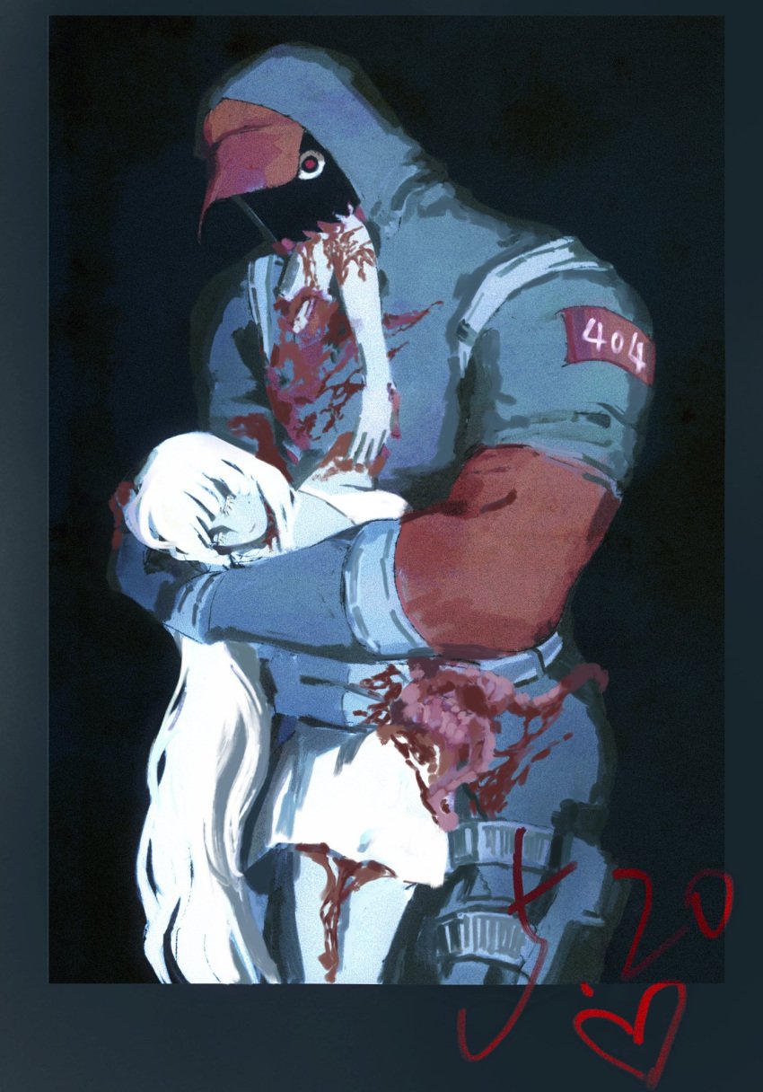 1boy belt biting black_pouch blood blood_on_arm blood_on_clothes blood_on_leg closed_eyes closed_mouth cowboy_shot crazy_eyes dress elbow_gloves eyes_in_shadow female gloves guro hand_on_another's_head hand_on_another's_stomach head_down height_difference highres hug hug_from_behind intestines long_hair looking_at_viewer maoben881658 mediator_(monsterxmediator) monsterxmediator multiple_belts muscular muscular_male nauseaxe_404 pouch red_pupils sidelighting size_difference small_pupils thigh_belt thigh_pouch thigh_strap very_long_hair wavy_hair white_dress white_hair