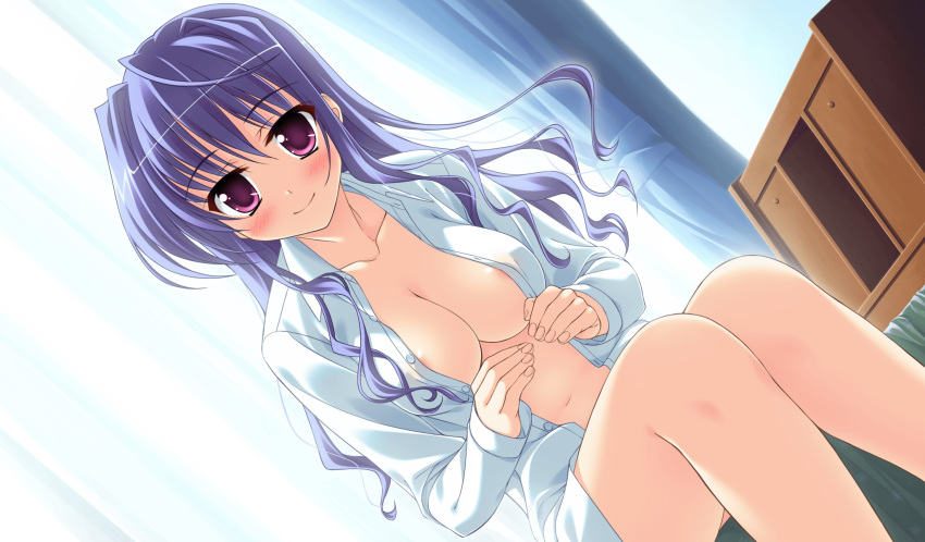 breasts cleavage dutch_angle game_cg highres kitamikado_ayaka large_breasts long_hair navel no_bra open_clothes open_shirt princess_evangile purple_eyes purple_hair shirt sitting smile yamakaze_ran