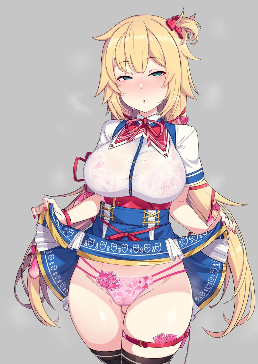 absurdres akai_haato akai_haato_(1st_costume) aqua_eyes black_thighhighs blonde_hair blue_skirt blush bra breasts cameltoe clothes_lift condom condom_wrapper female floral_print flower_panties gozaru hair_ribbon highres hololive large_breasts lingerie long_hair looking_at_viewer panties pink_bra pink_panties pussy_juice red_nails red_ribbon ribbon see-through_clothes sex_toy skirt skirt_lift solo standing string_panties sweat thigh_strap thighhighs thighs underwear used_condom vibrator vibrator_in_thigh_strap vibrator_under_clothes vibrator_under_panties