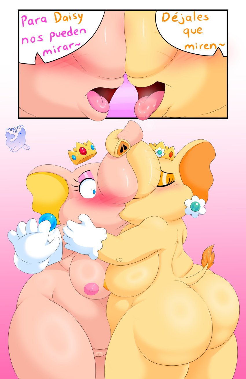 absurd_res ass blush breasts closed_eyes clothing crown digital_media_(artwork) duo elephant elephant_daisy elephant_peach elephantid female female/female genitals handwear headgear hi_res humanoid kiss_on_lips kissing makoto177 mammal mario_(series) nintendo nipples nude overweight overweight_female paquiderm princess_daisy princess_peach proboscidean proboscis_(anatomy) pussy simple_background smile super_mario_bros._wonder tail tongue tongue_out trunk_(anatomy)