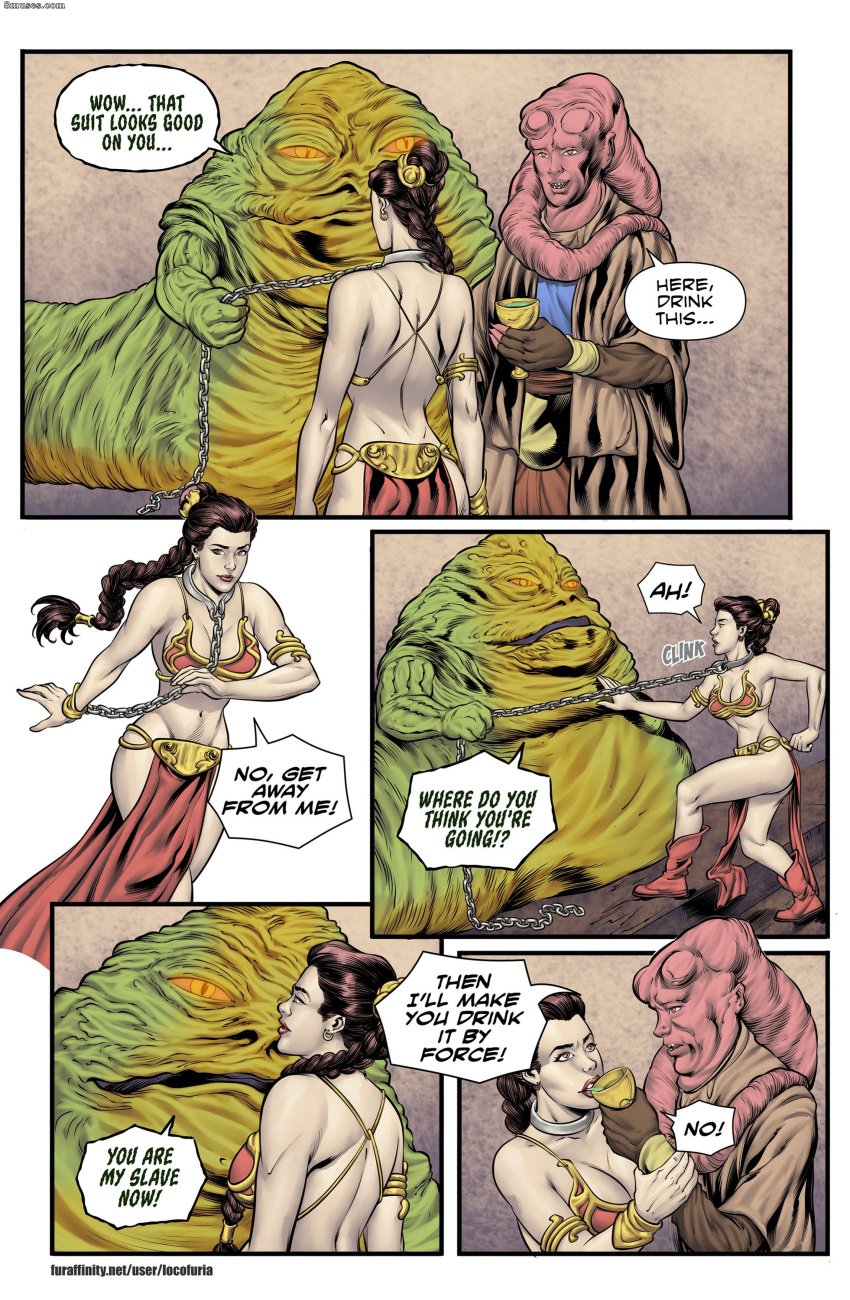 athletic_female belly_dancer belly_dancer_outfit bib_fortuna boots braided_hair brown_eyes brown_hair chain_leash chained cleavage comic enslaved_royal fit_female forced_drinking harem_girl harem_outfit hutt jabba's_palace jabba_the_hutt large_breasts leash_pull locofuria loincloth long_hair princess_leia_organa slave slave_bikini slave_collar slave_leia slave_outfit slavegirl speech_bubble star_wars twi'lek