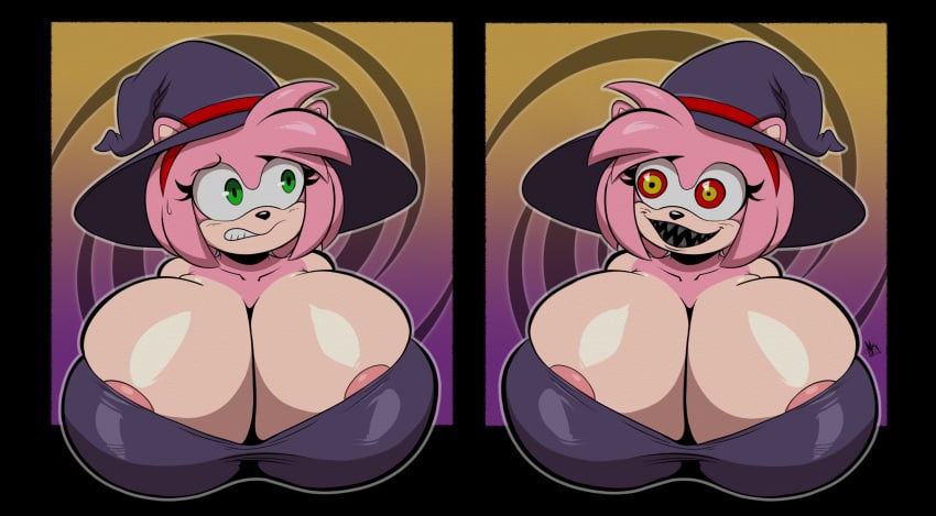 2girls amy_rose anthro areolae big_breasts breast_focus breasts busty cleavage clothing female female_only halloween hedgehog huge_breasts large_breasts looking_at_each_other massive_breasts mrxrickyx no_bra possessed_amy_rose sonic_(series) sonic_the_hedgehog_(series) witch witch_hat