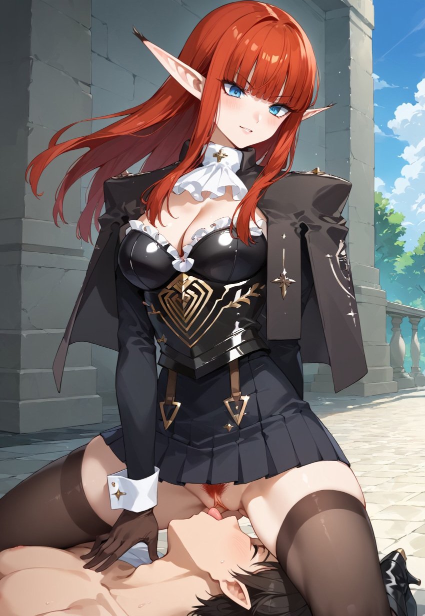 1boy 1boy1girl 1girls ai_generated arm_behind_back armor armored_female black_armor black_skirt black_sleeves blue_eyes blue_eyes_female blush breastplate cleavage clothed_female_nude_male clothed_sex cravat cuffs cunnilingus elf elf_ears elf_female facesitting female female_knight gloves high_heels hulkenburg_(metaphor_refantazio) knight long_red_hair looking_at_viewer mantle medieval_armour medium_breasts metaphor:_refantazio metaphor_refantazio on_knees outdoors pointy_ears red_hair red_hair_female sidelocks skirt sleeves stockings tall_female