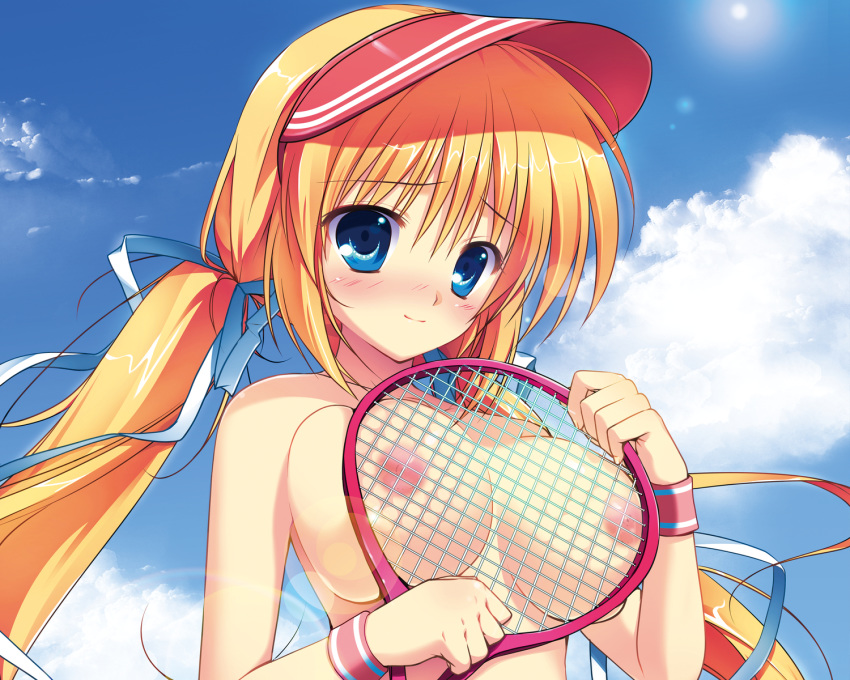 blonde_hair blue_eyes blush breasts game_cg kazamatsuri_mana manatsu_no_yoru_no_yuki_monogatari mikeou nipples tennis tied_hair topless twintails