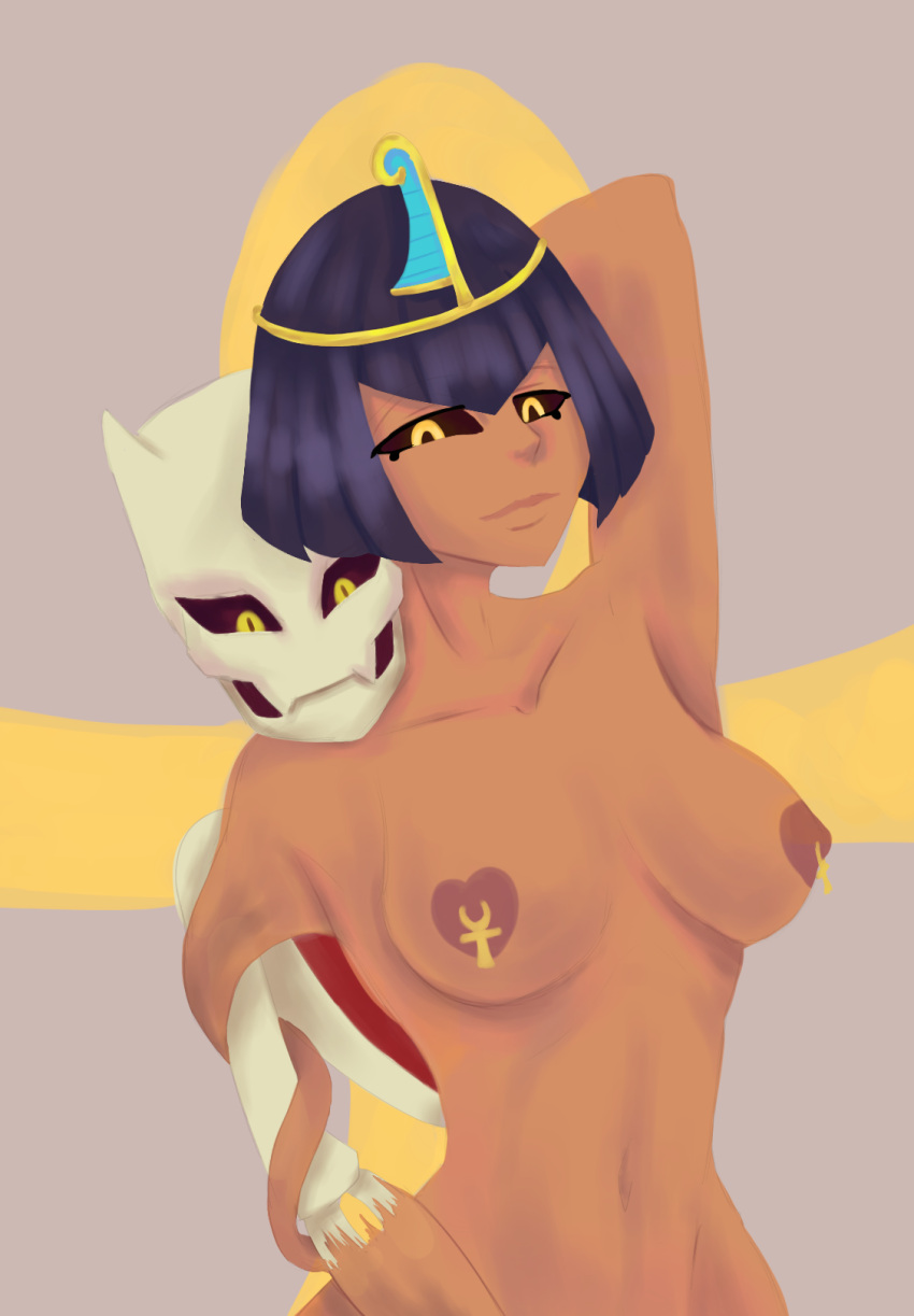 black_hair dark_skin egyptian eliza_(skullgirls) nipple_piercing skeleton