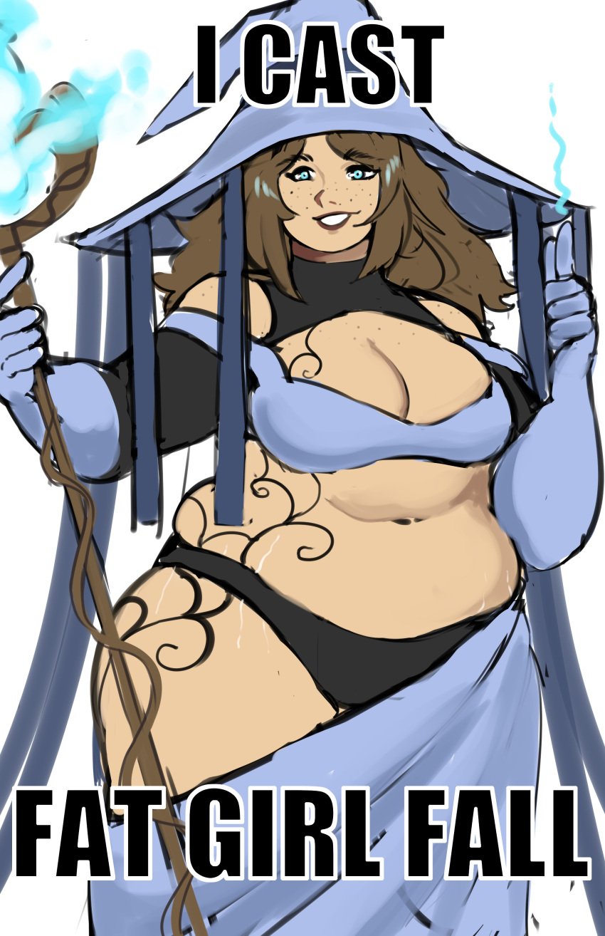 1girls bbw blue_eyes body_markings brown_hair chubby cleavage clothed clothed_female colored english_text fat_girl_fall freckles holding_staff plump puzzled_artist sketch skindentation smile solo solo_female staff stretch_marks tattoo tattoos witch witch_hat