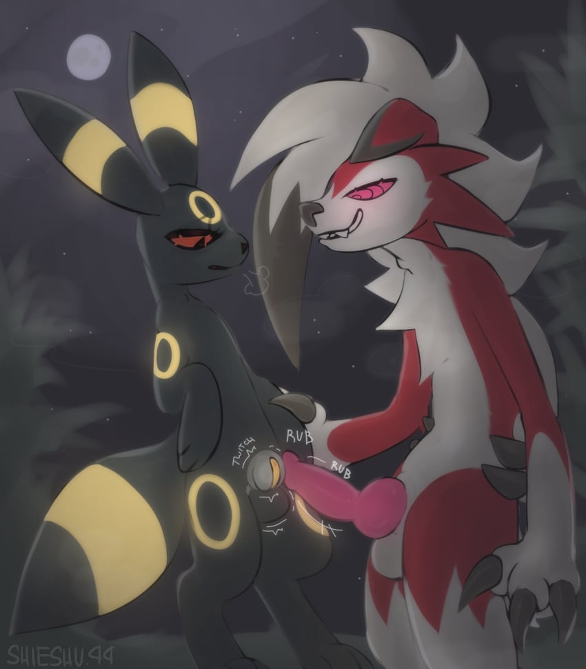 anthro anthro_on_feral big_penis black_body chastity_cage chastity_device duo eeveelution feral forest frottage fur generation_2_pokemon generation_7_pokemon genitals glowing glowing_markings hand_grab hi_res knot looking_at_genitalia lycanroc male male/male markings multicolored_body night nintendo on_hind_legs penile penis pink_knot plant pokemon pokemon_(species) red_body red_fur rubbing rubbing_penis sex shieshuqqq smile throbbing throbbing_penis tree umbreon yellow_penis zoophilia