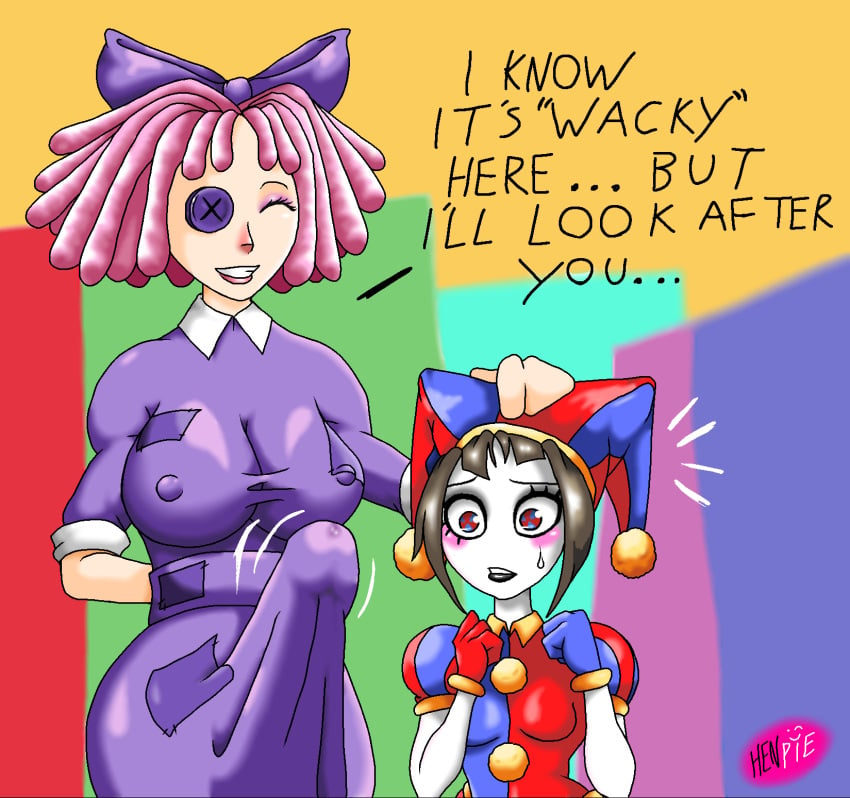 big_breasts big_penis black_lipstick blue_background blush blushing blushing_female bow brown_hair bulge_through_clothing bulging_penis button_eyes clown clown_costume clown_girl clown_hat clown_makeup cock_bulge doll eyeshadow fat_breasts fat_cock fat_dick fat_penis futa futanari gloves green_background hair_bow hair_ornament hand_behind_back hand_on_head hat henpie huge_breasts huge_cock huge_penis jester_hat jester_outfit larger_female multicolored_eyes nervous nervous_expression nervous_face nervous_sweat patched_clothing pink_background pink_hair pomni pomni_(the_amazing_digital_circus) ragatha ragatha_(the_amazing_digital_circus) ragdoll red_and_blue red_background shocked shocked_expression shortstack small_boobs small_breasts small_tits smaller_female smile text the_amazing_digital_circus visible_bulge yellow_background