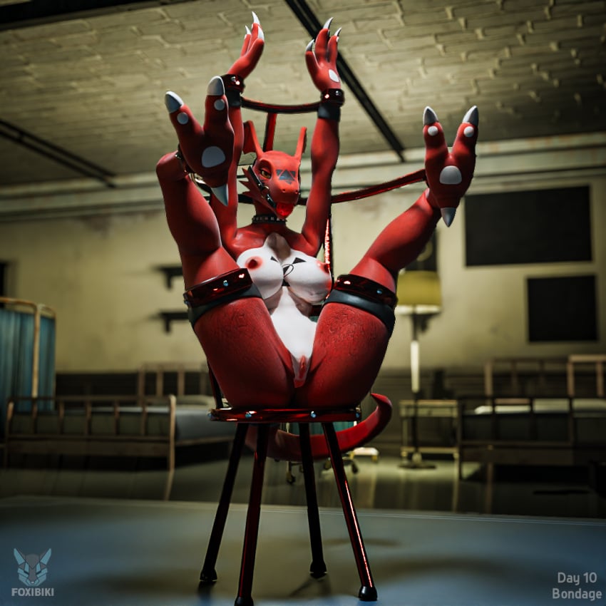 16:9 3d_(artwork) anthro ass ball_gag bandai_namco blender_(artwork) blender_cycles bondage bondage bound breasts claws digimon digimon_(species) digital_media_(artwork) female foxibiki gag gagged genitals guilmon guilmon_(furromantic) looking_at_viewer mammal markings nipples nude pussy red_body scalie sfmtember sfmtember24 solo submissive tail widescreen