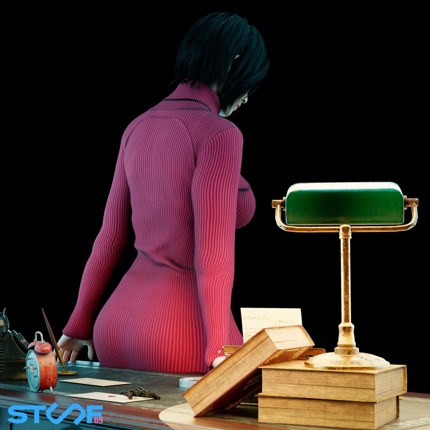 3d ada_wong ass_focus back_view clothing female human leaning_back leaning_on_object pale_skin partially_clothed partially_clothed_female resident_evil resident_evil_2_remake short_hair stuuf69 sweater_only toned_female