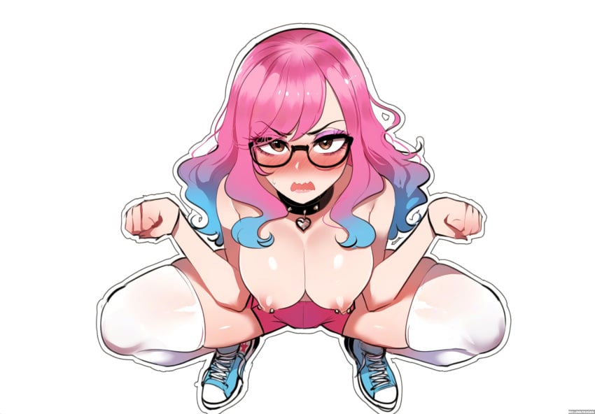 1girls ai_generated angry bell blue_hair brown_eyes choker collar embarrassed female from_above glasses leash nipple_piercing outline panties pet_play pink_hair pov self_upload shorts small_breasts sneakers solo squatting two-tone_hair viriai wavy_mouth